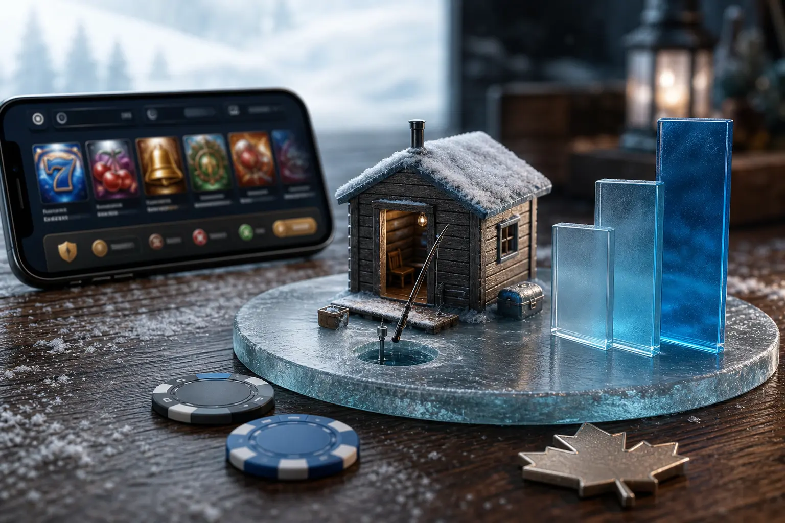 Ice Fishing Slot winter lakeside scene with an illuminated ice fishing hut